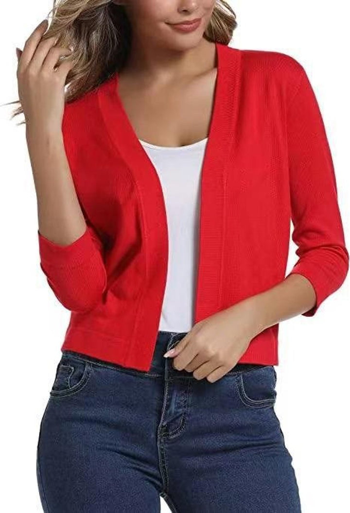 Damen Offener Kurzjacken-Cardigan mit Dreiviertelarm - Chinarot