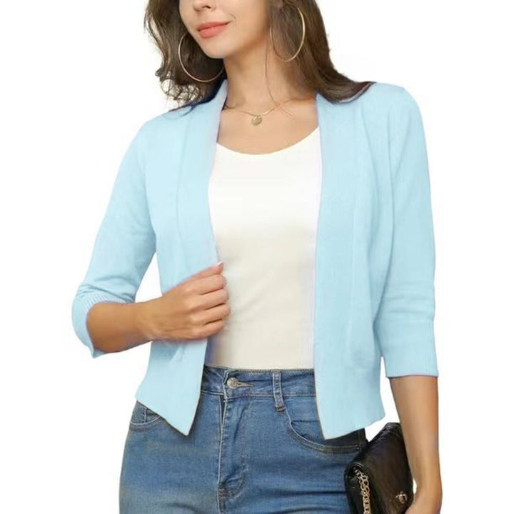 Damen Offener Kurzjacken-Cardigan mit Dreiviertelarm - Blassblau