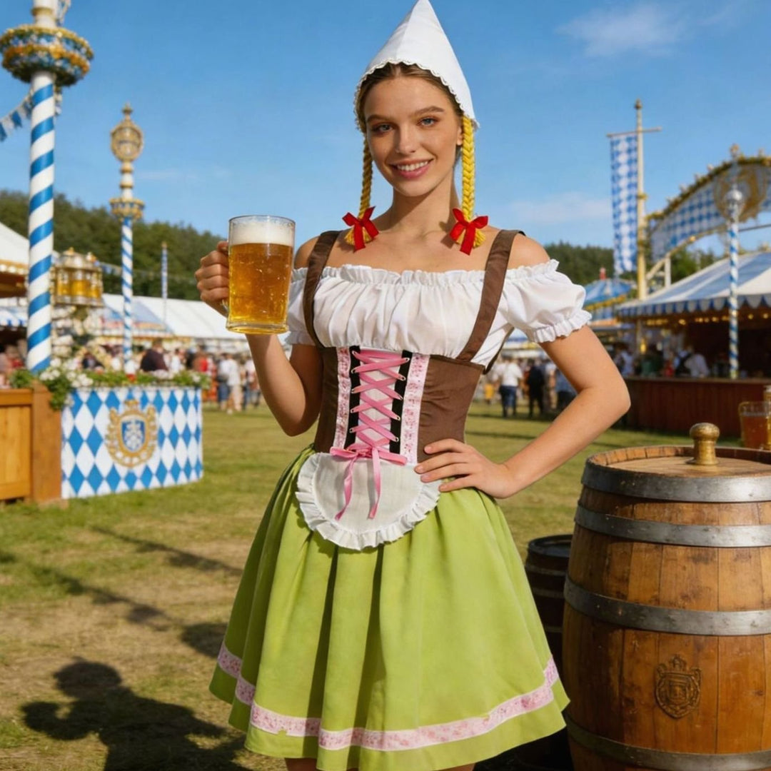 Damen Oktoberfest Dirndl Kleid Figurbetontes Trachtenkleid mit Schürze