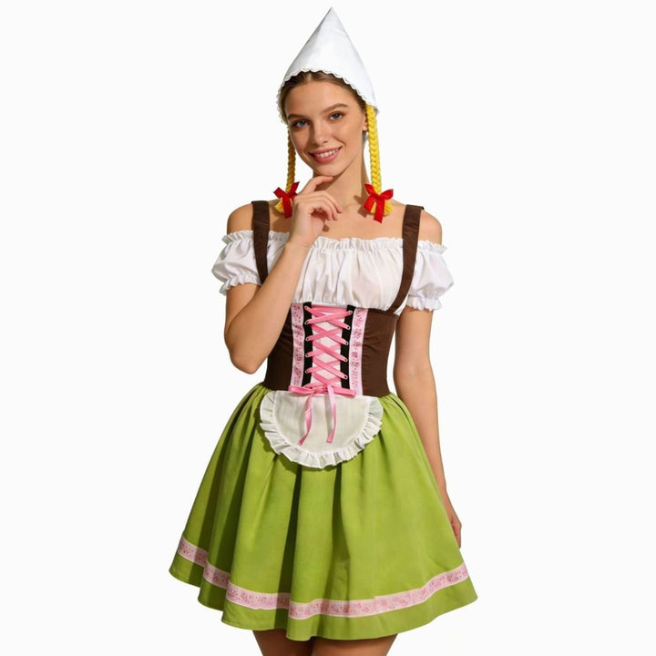 Damen Oktoberfest Dirndl Kleid Figurbetontes Trachtenkleid mit Schürze