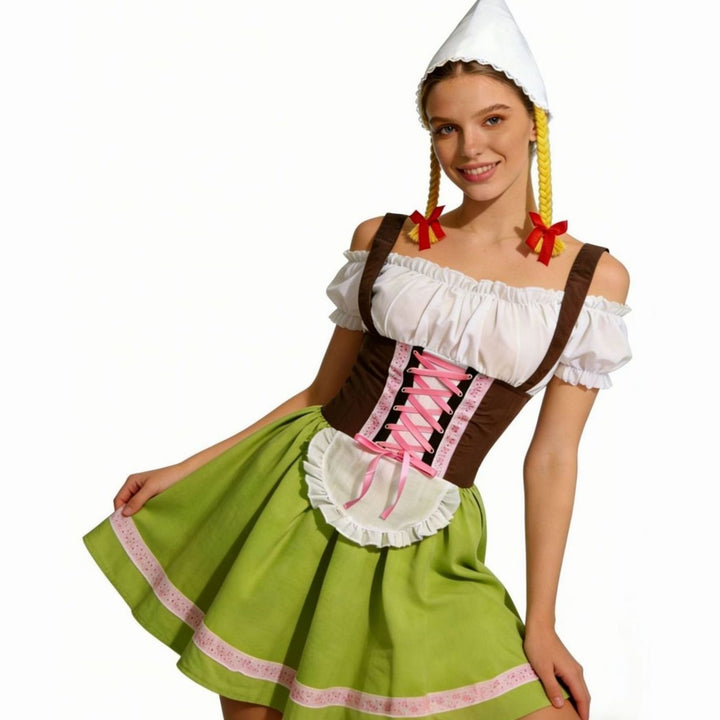 Damen Oktoberfest Dirndl Kleid Figurbetontes Trachtenkleid mit Schürze