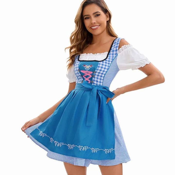 Damen Oktoberfest Dirndl Kleid Kariert mit Schürze und Stickerei