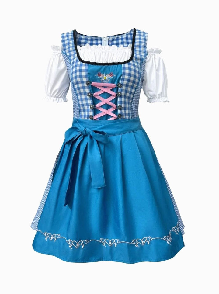 Damen Oktoberfest Dirndl Kleid Kariert mit Schürze und Stickerei