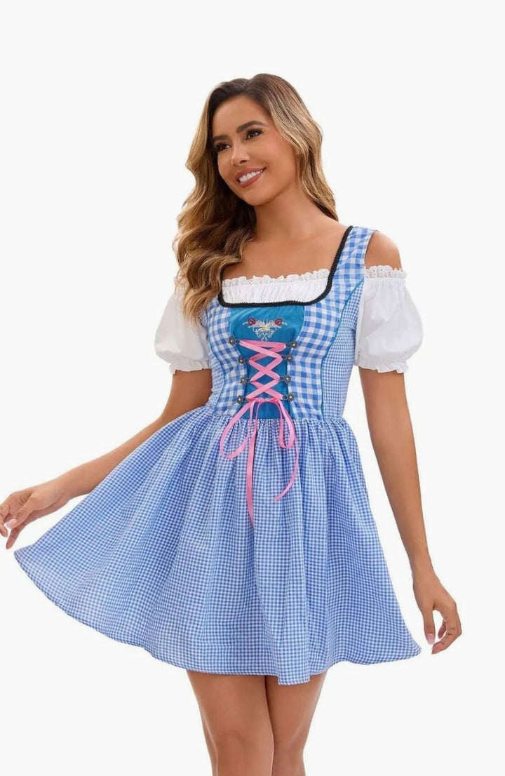 Damen Oktoberfest Dirndl Kleid Kariert mit Schürze und Stickerei