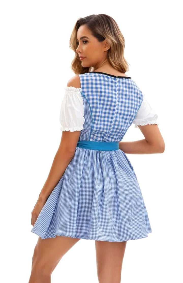 Damen Oktoberfest Dirndl Kleid Kariert mit Schürze und Stickerei