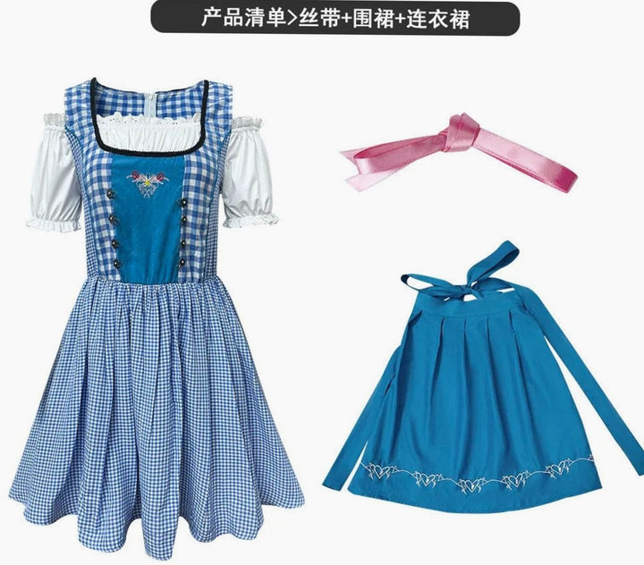 Damen Oktoberfest Dirndl Kleid Kariert mit Schürze und Stickerei