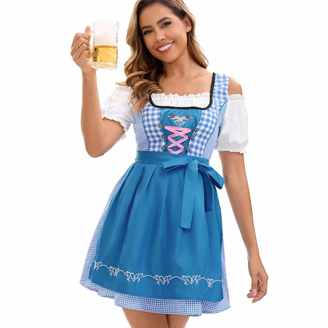 Damen Oktoberfest Dirndl Kleid Kariert mit Schürze und Stickerei - Blau