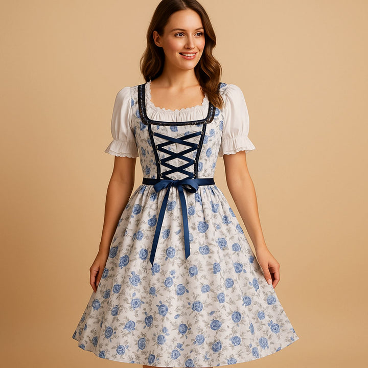 Damen Oktoberfest Dirndl Kleid mit Blumenmuster Schnürung Schürze - Weiß