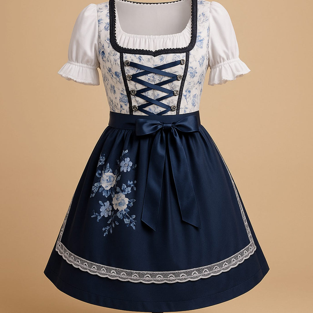 Damen Oktoberfest Dirndl Kleid mit Blumenmuster Schnürung Schürze - Blau