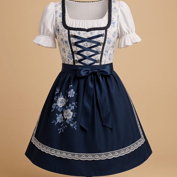 Damen Oktoberfest Dirndl Kleid mit Blumenmuster Schnürung Schürze - Blau