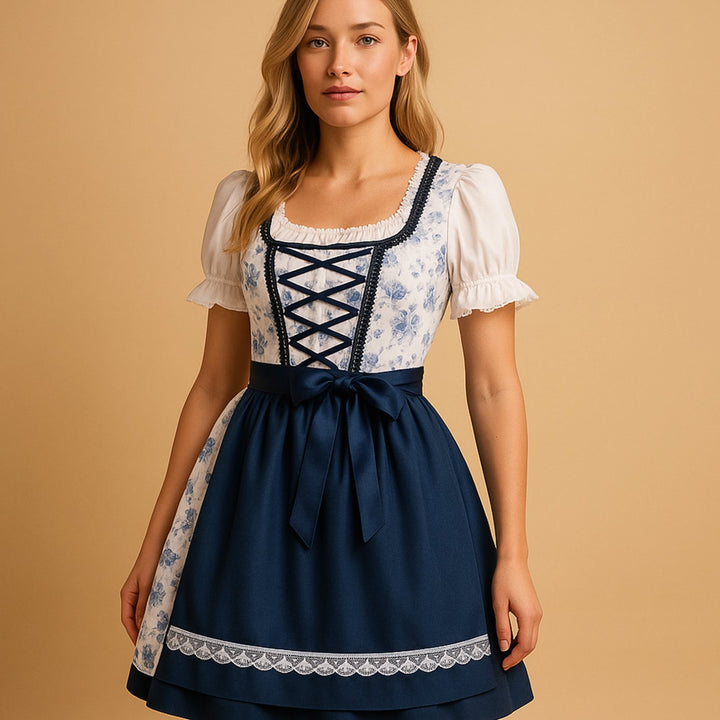 Damen Oktoberfest Dirndl Kleid mit Spitzenakzenten und Schürze - Blau