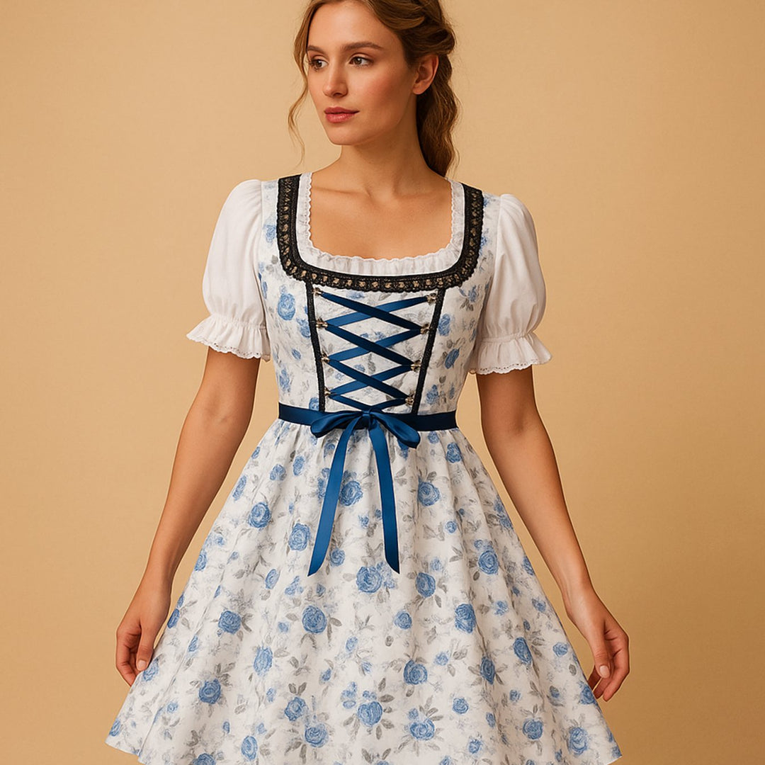 Damen Oktoberfest Dirndl Kleid mit Spitzenakzenten und Schürze - Weiß