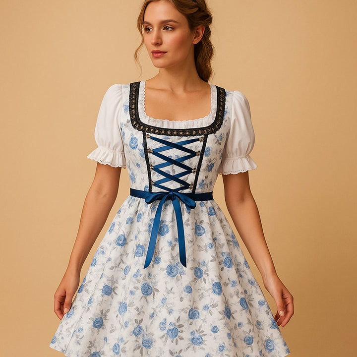 Damen Oktoberfest Dirndl Kleid mit Spitzenakzenten und Schürze - Weiß