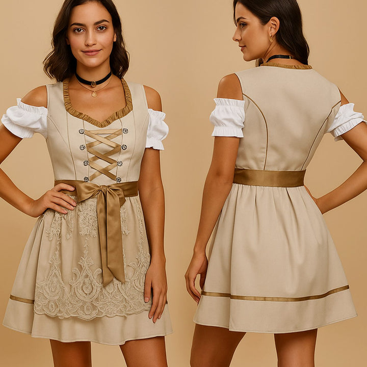 Damen Oktoberfest Dirndl Kleid mit Spitzendetails Schnürung Schleife