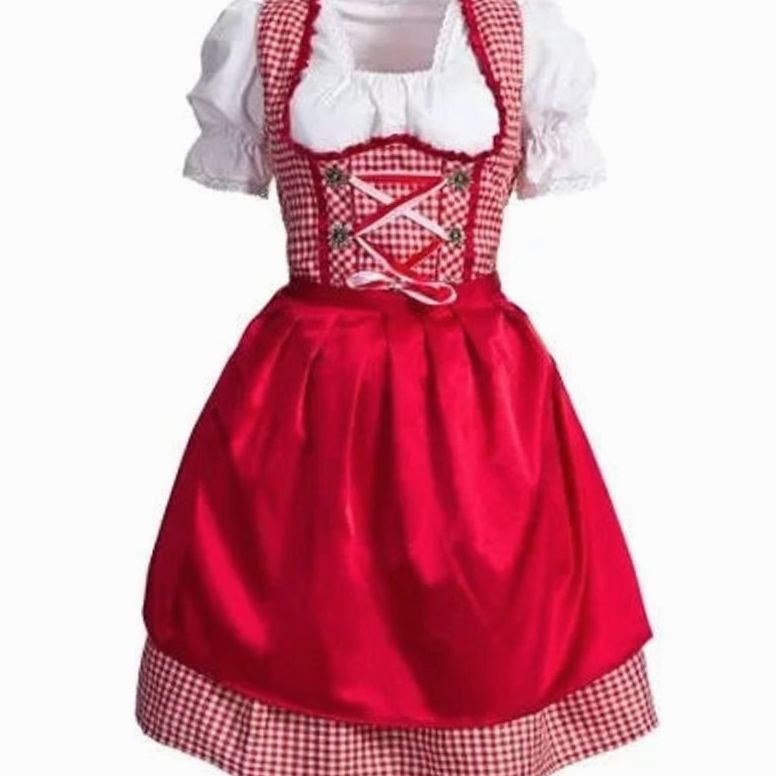 Damen Oktoberfest Dirndl Kleid Rot-Weiß Kariert mit Schürze und Bluse