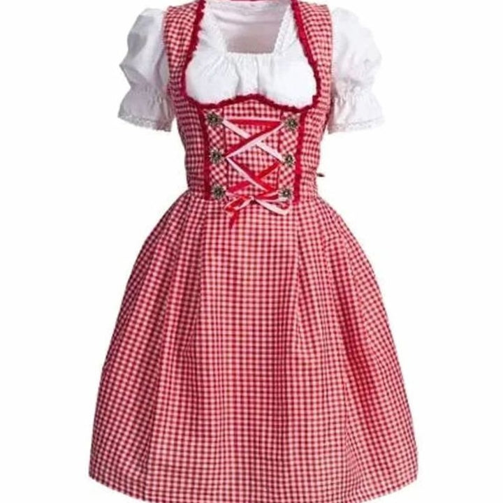Damen Oktoberfest Dirndl Kleid Rot-Weiß Kariert mit Schürze und Bluse