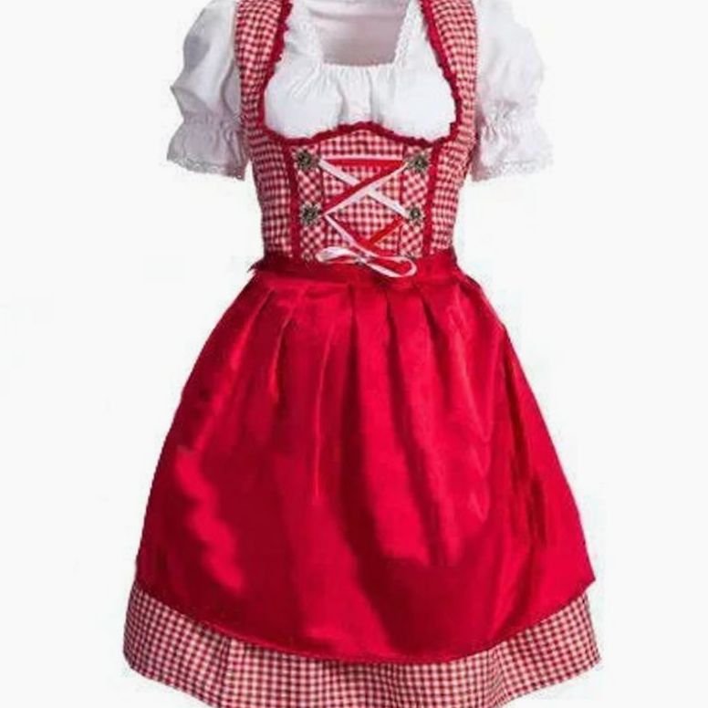 Damen Oktoberfest Dirndl Kleid Rot-Weiß Kariert mit Schürze und Bluse - Rot