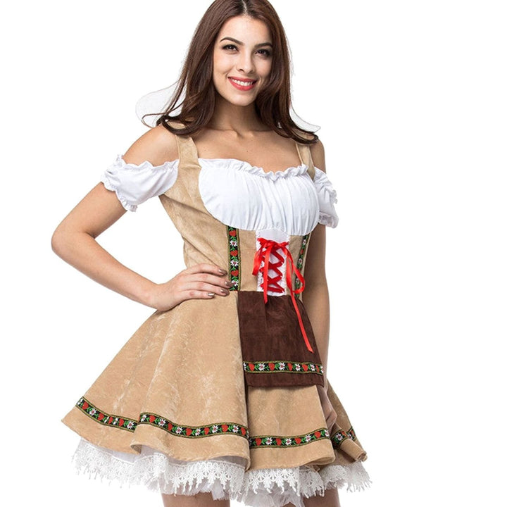 Damen Oktoberfest Dirndl Kleid Schulterfreis Schnürmieder Spitze