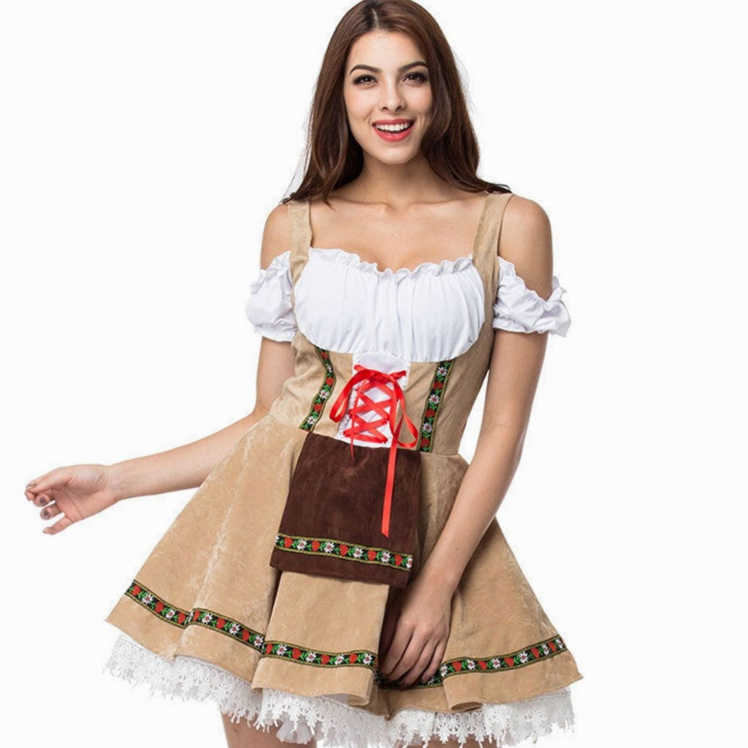 Damen Oktoberfest Dirndl Kleid Schulterfreis Schnürmieder Spitze