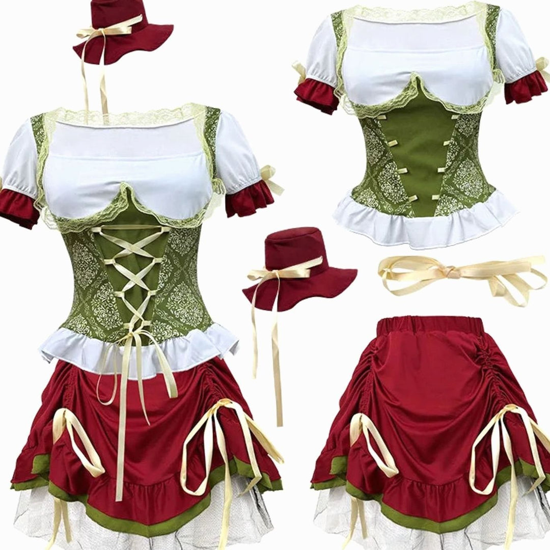 Damen Oktoberfest Dirndl-Kostüm Corsagen-Oberteil Trachtenrock Mini - Rot Grün