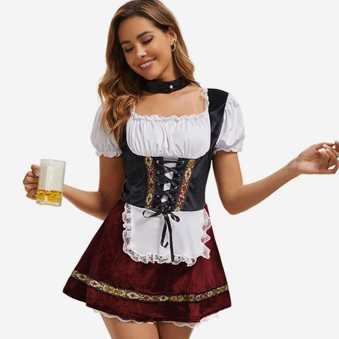 Damen Oktoberfest Dirndl-Kostüm Kurzkleid Schnürung Puffärmel Schürze
