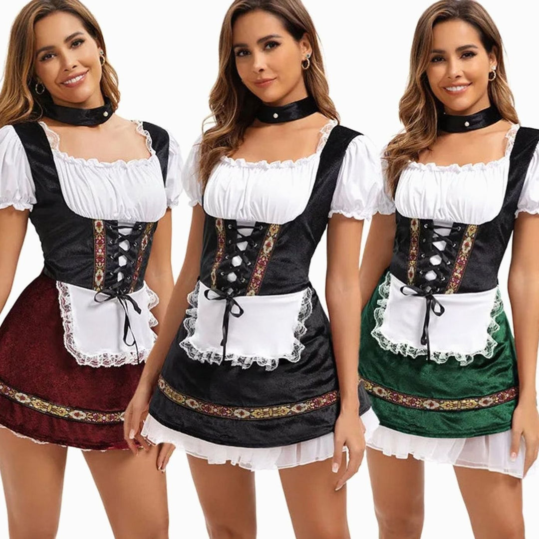 Damen Oktoberfest Dirndl-Kostüm Kurzkleid Schnürung Puffärmel Schürze