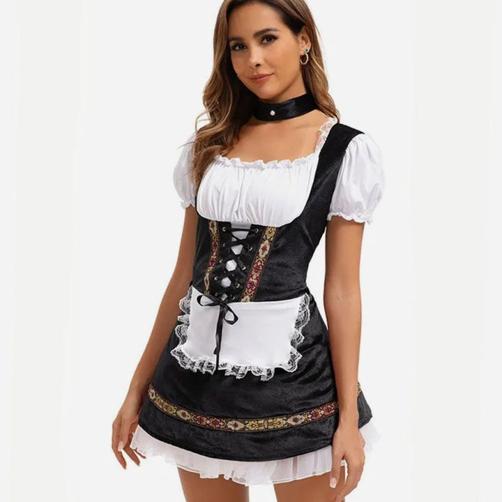 Damen Oktoberfest Dirndl-Kostüm Kurzkleid Schnürung Puffärmel Schürze
