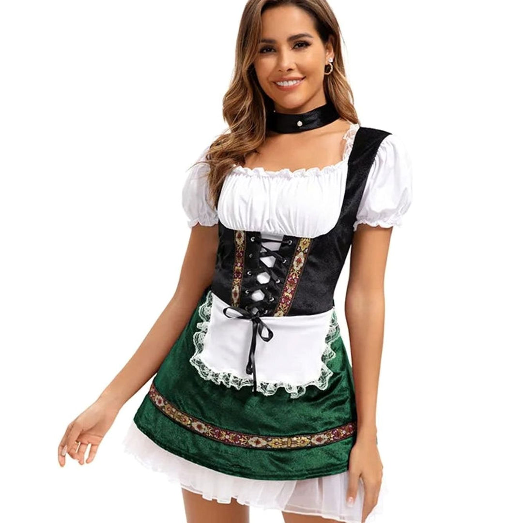 Damen Oktoberfest Dirndl-Kostüm Kurzkleid Schnürung Puffärmel Schürze