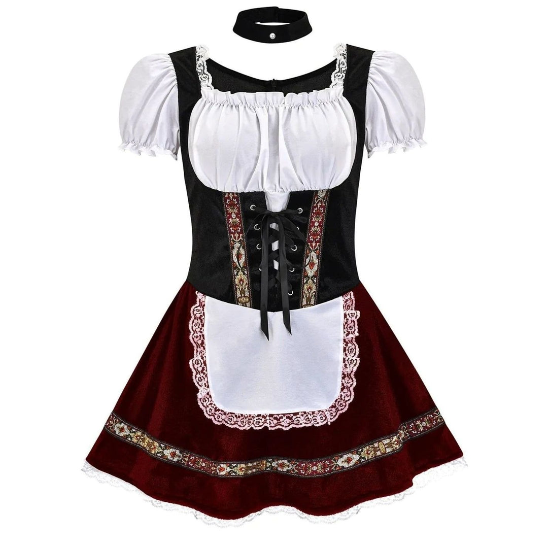 Damen Oktoberfest Dirndl-Kostüm Kurzkleid Schnürung Puffärmel Schürze - Weinrot