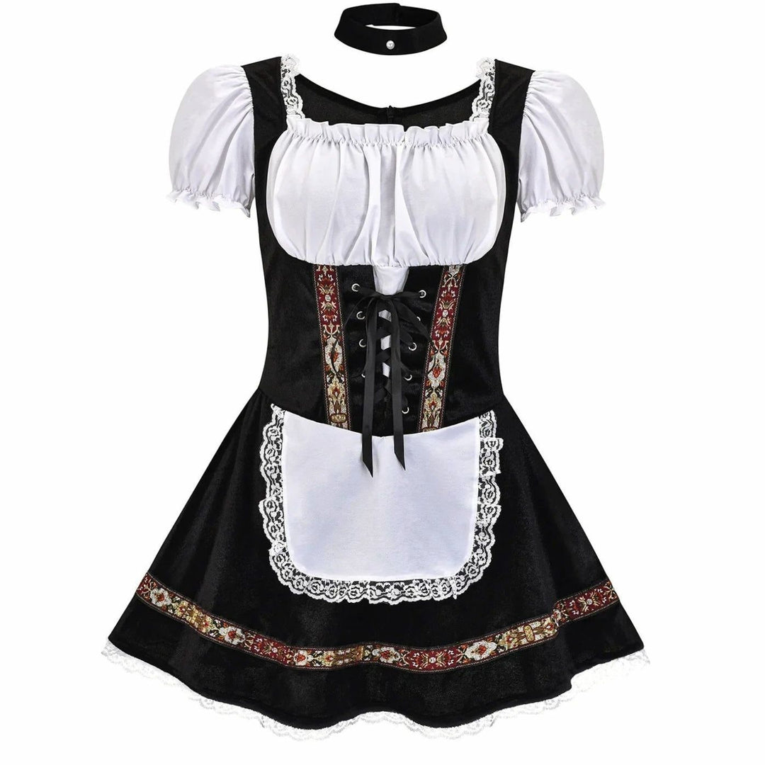 Damen Oktoberfest Dirndl-Kostüm Kurzkleid Schnürung Puffärmel Schürze - Schwarz