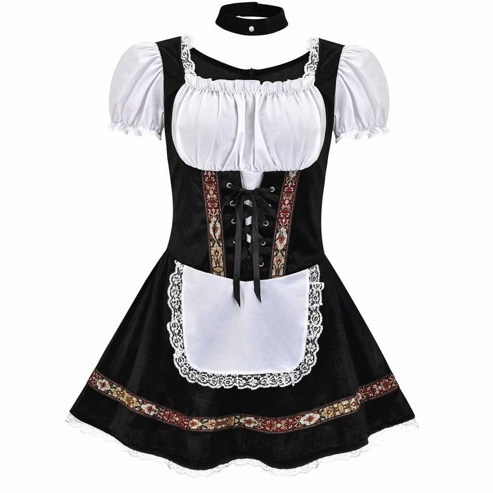Damen Oktoberfest Dirndl-Kostüm Kurzkleid Schnürung Puffärmel Schürze - Schwarz
