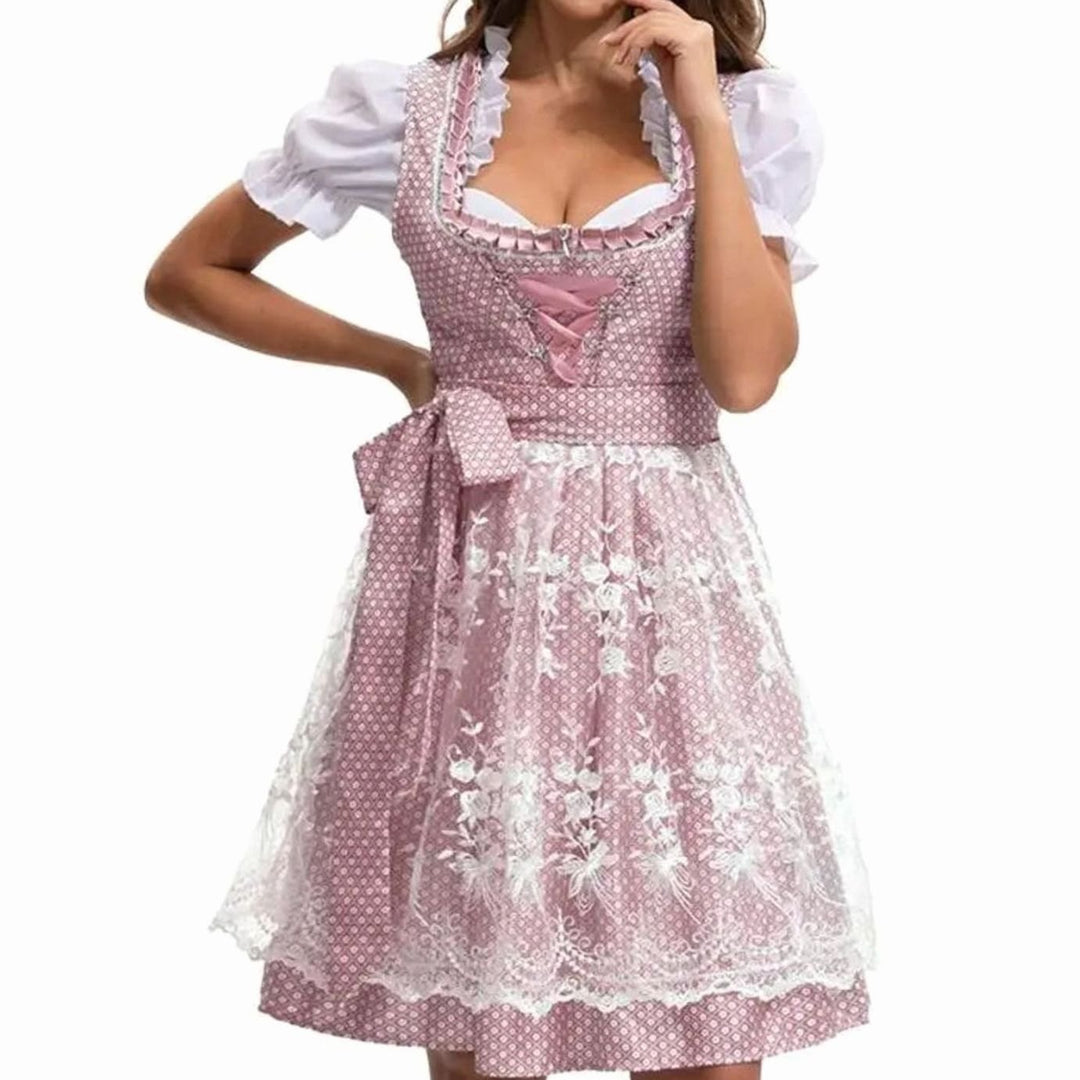 Damen Oktoberfest Dirndl-Kostüm mit Spitzenschürze und Schnürung - 753870 Rosa