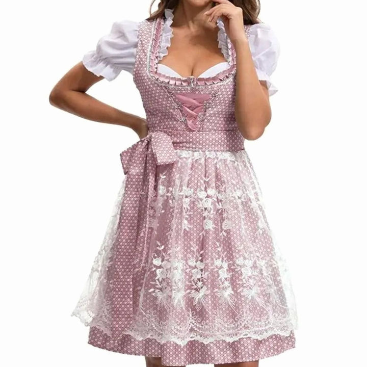 Damen Oktoberfest Dirndl-Kostüm mit Spitzenschürze und Schnürung - 753870 Rosa