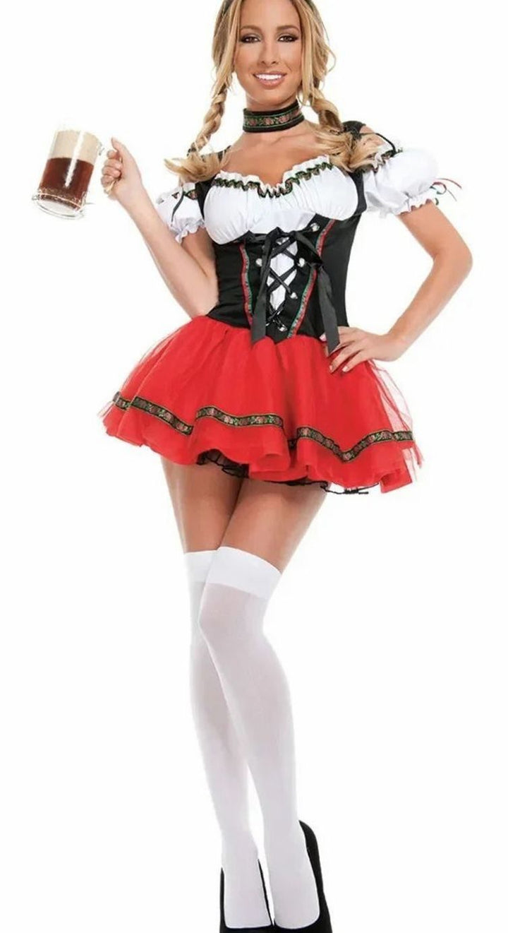 Damen Oktoberfest Dirndl Kostüm Rot-Schwarz Trachtenkleid Mini