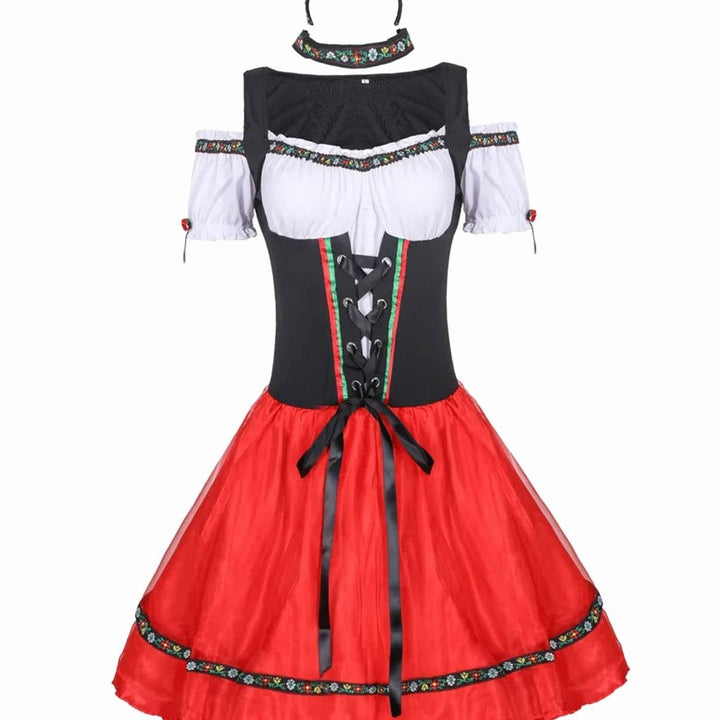 Damen Oktoberfest Dirndl Kostüm Rot-Schwarz Trachtenkleid Mini