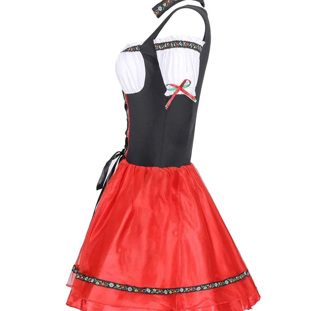 Damen Oktoberfest Dirndl Kostüm Rot-Schwarz Trachtenkleid Mini