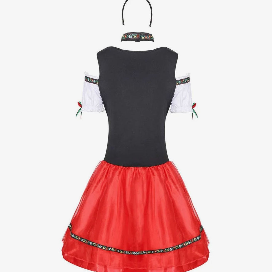 Damen Oktoberfest Dirndl Kostüm Rot-Schwarz Trachtenkleid Mini