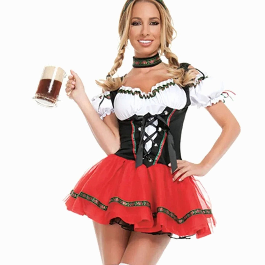 Damen Oktoberfest Dirndl Kostüm Rot-Schwarz Trachtenkleid Mini