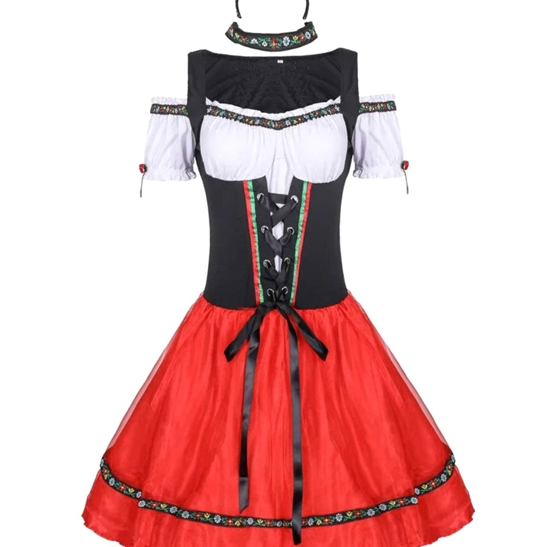 Damen Oktoberfest Dirndl Kostüm Schulterfreies Minikleid mit Korsettschnürung - Schwarz-Rot (Set mit Strümpfen)