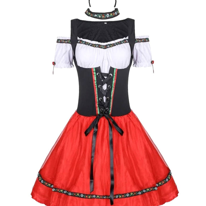 Damen Oktoberfest Dirndl Kostüm Schulterfreies Minikleid mit Korsettschnürung - Schwarz-Rot (Set mit Strümpfen)