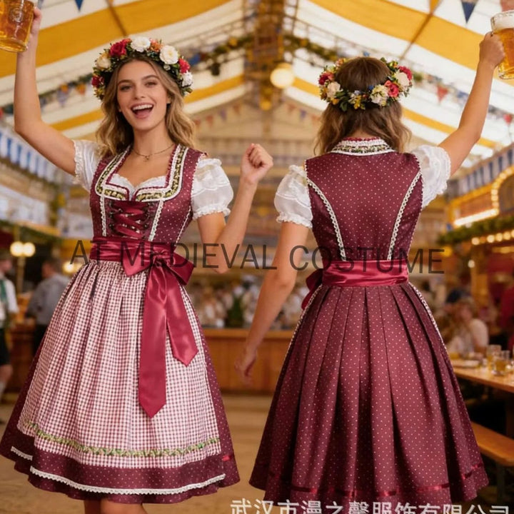 Damen Oktoberfest Dirndl-Set Midi mit Bluse Schürze und Schnürmieder