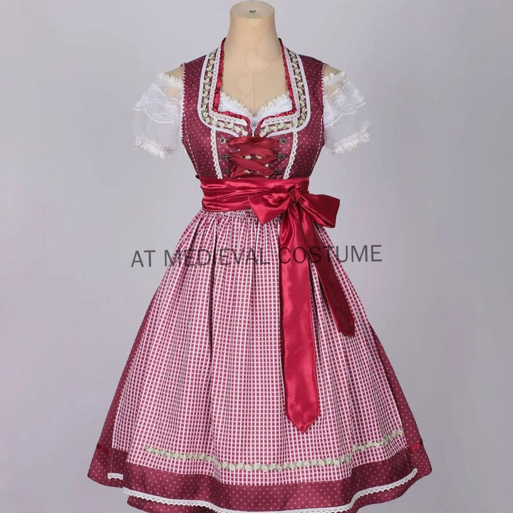 Damen Oktoberfest Dirndl-Set Midi mit Bluse Schürze und Schnürmieder
