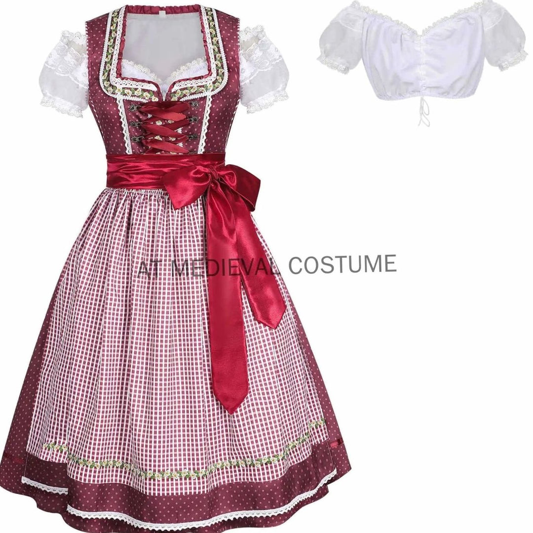 Damen Oktoberfest Dirndl-Set Midi mit Bluse Schürze und Schnürmieder