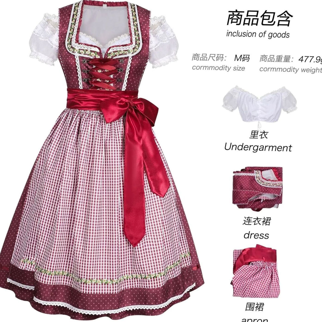 Damen Oktoberfest Dirndl-Set Midi mit Bluse Schürze und Schnürmieder - Rot