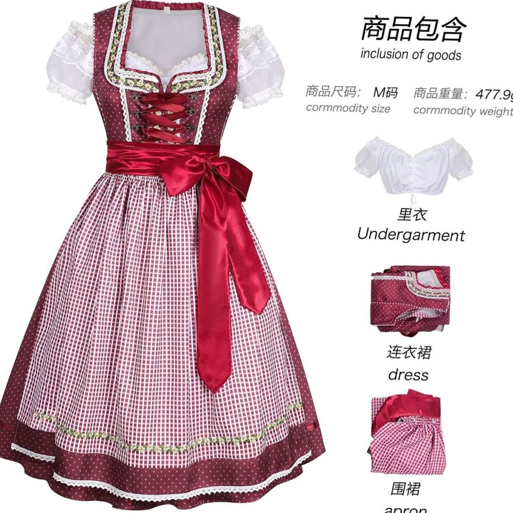 Damen Oktoberfest Dirndl-Set Midi mit Bluse Schürze und Schnürmieder - Rot