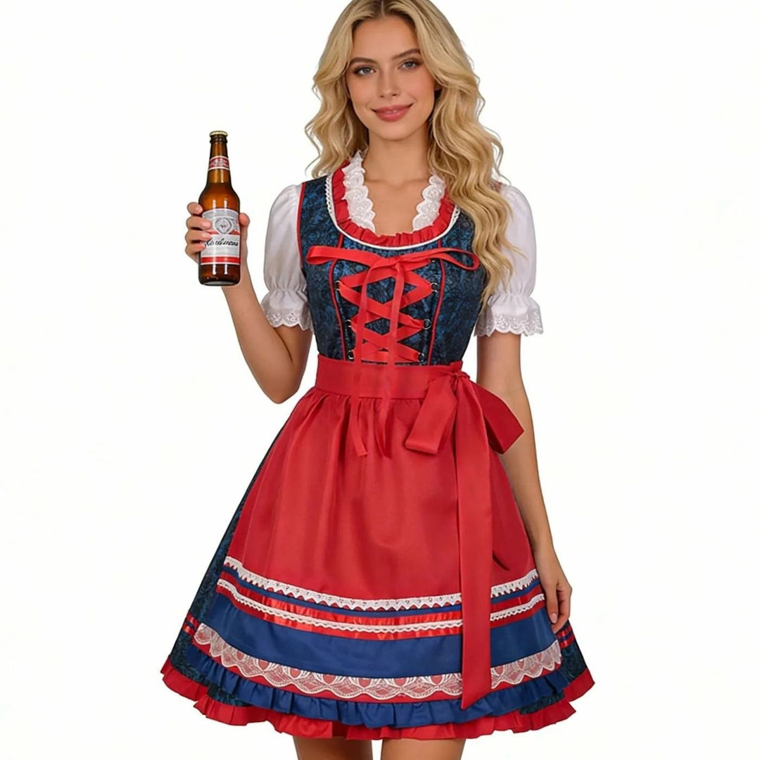 Damen Oktoberfest Dirndl-Set mit Spitzenbluse Mieder Schürze Trachtenkleid