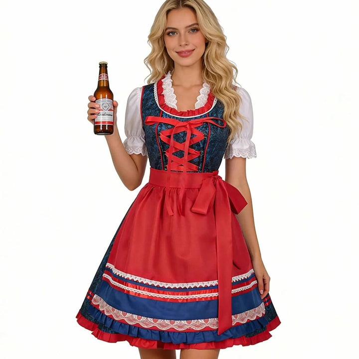 Damen Oktoberfest Dirndl-Set mit Spitzenbluse Mieder Schürze Trachtenkleid