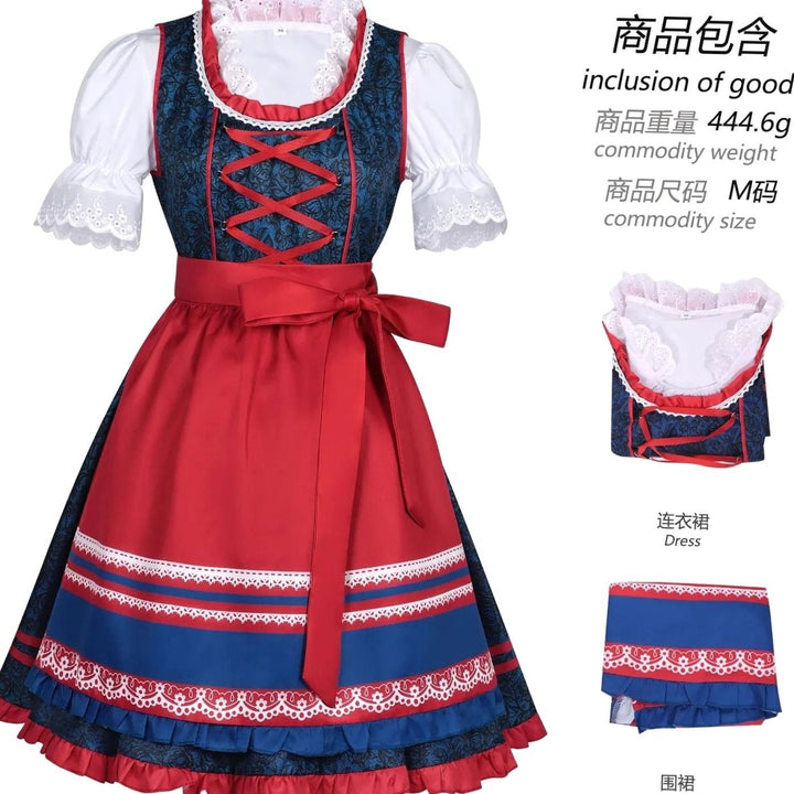Damen Oktoberfest Dirndl-Set mit Spitzenbluse Mieder Schürze Trachtenkleid - Blau Rot
