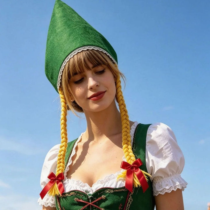 Damen Oktoberfest Dirndl-Set mit Spitzenbluse Mieder Schürze Trachtenkleid - Weiß Rot