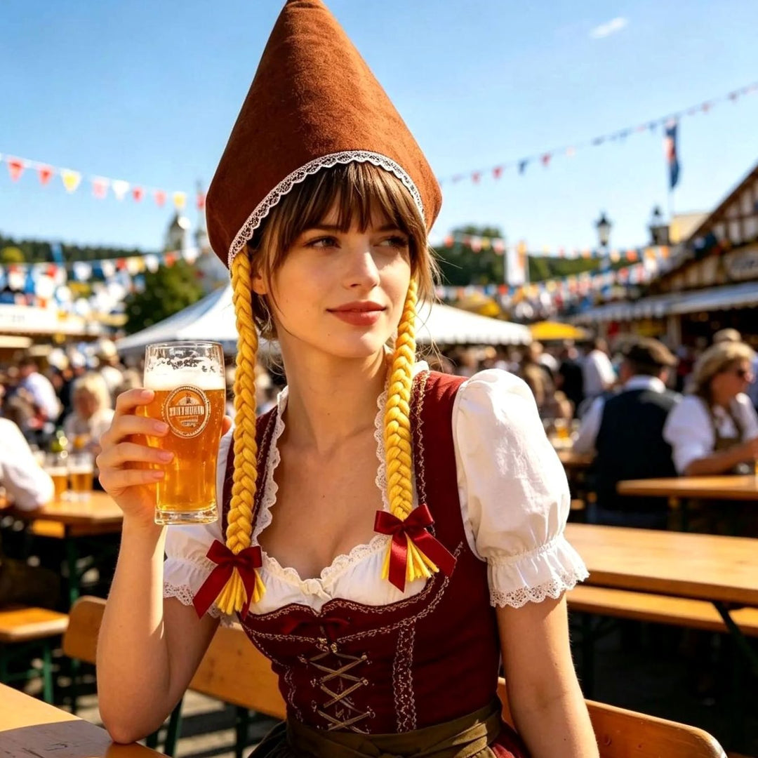 Damen Oktoberfest Dirndl-Set mit Spitzenbluse Mieder Schürze Trachtenkleid - Braun
